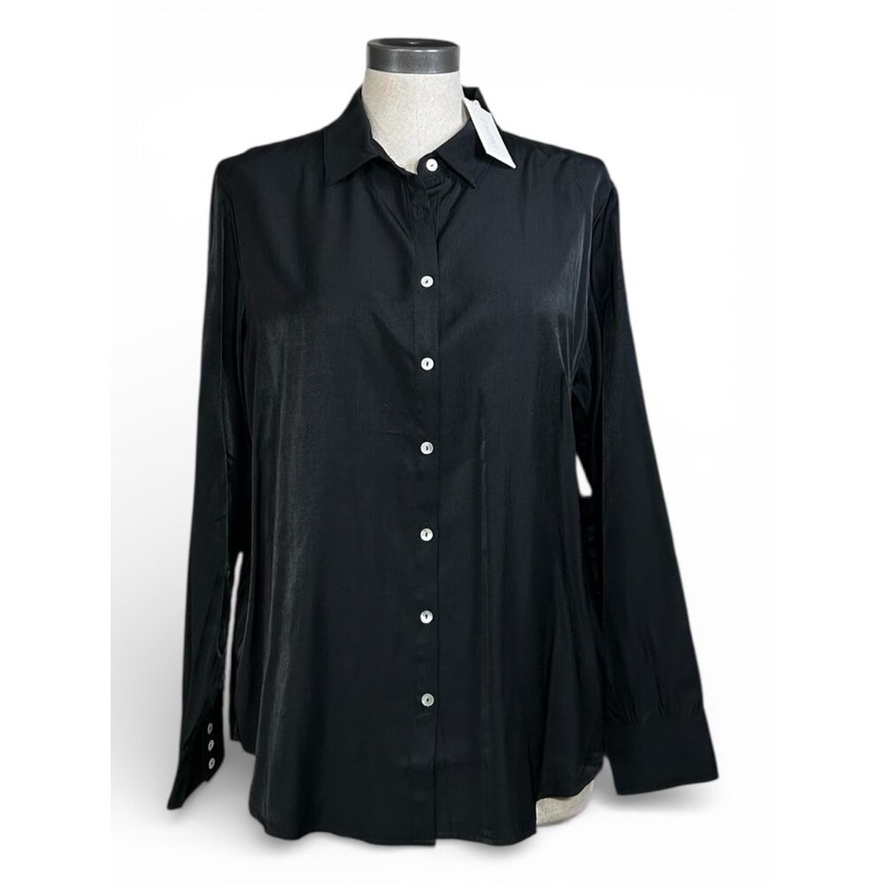 Z SUPPLY Camille Cupro Button Down Top Sz M Black Satin Relaxed Fit Rayon Blend
